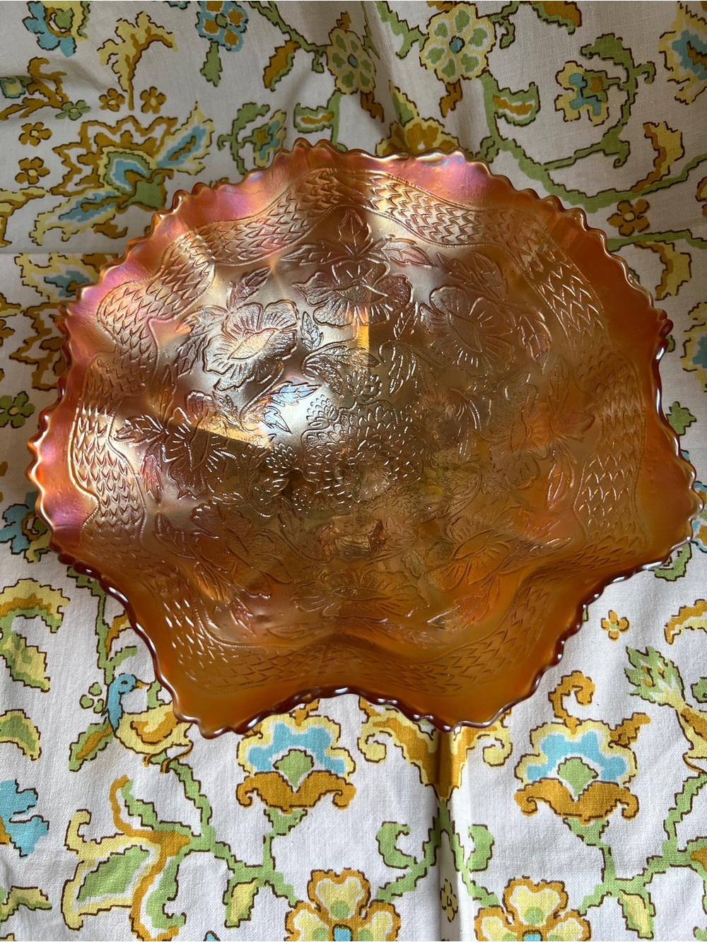 Antique Glass Iridescent Orange Carnival Glass Decorative Footed Bowl